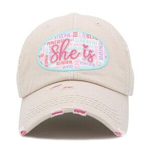 Womens She Is..Confident Powerful Vintage Baseball Cap Hat in Distressed Beige
